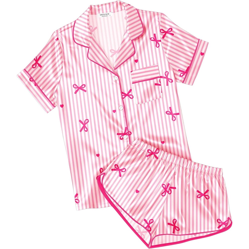 image:imageEkouaer Womens Satin Pajama Set Silk Pj Short Sets 2 Piece Loungewear S5XLPink Bow Stripe