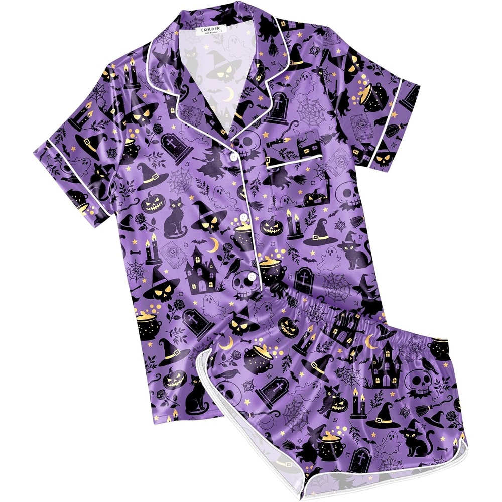 image:imageEkouaer Womens Satin Pajama Set Silk Pj Short Sets 2 Piece Loungewear S5XLPurple Halloween Print