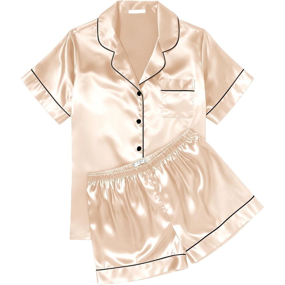 image:imageEkouaer Womens Silk Satin Pajama Sets Soft Short Sleeve Button Up SleepwearChampagne