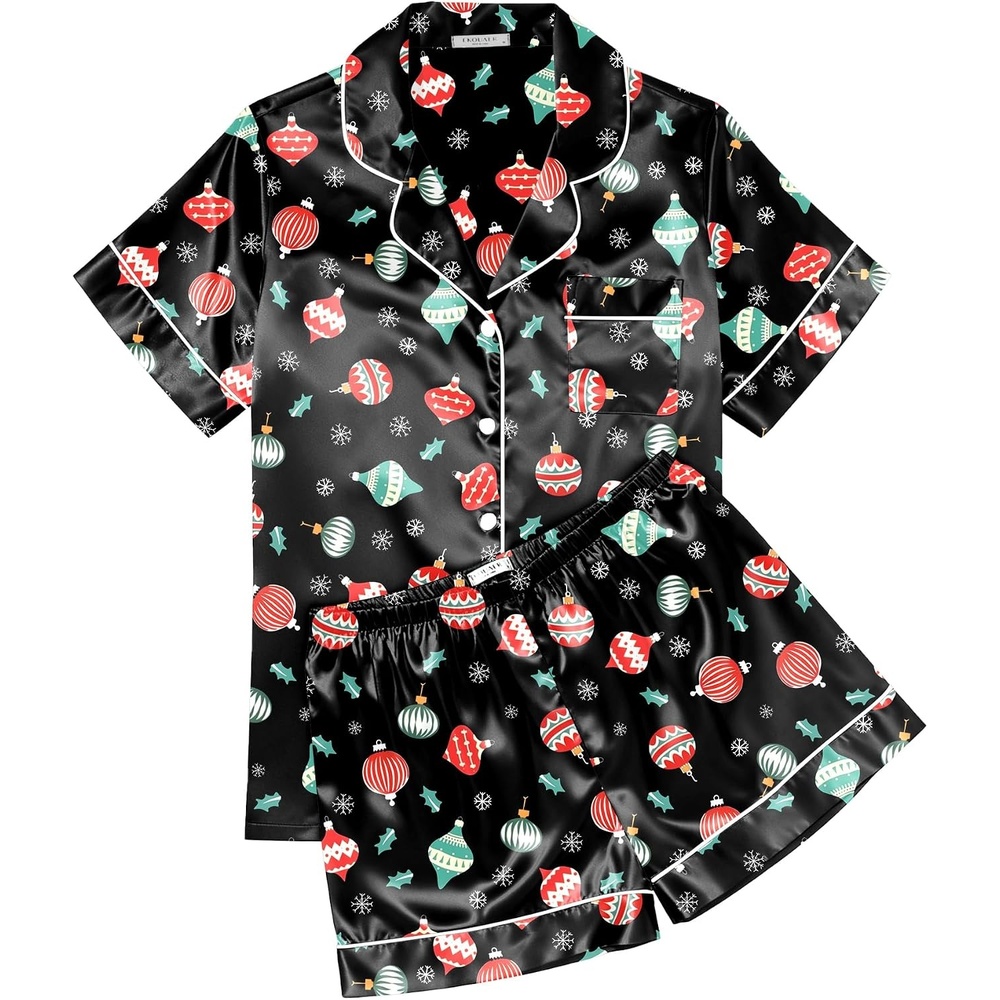 image:imageEkouaer Womens Silk Satin Pajama Sets Soft Short Sleeve Button Up SleepwearChristmas Black