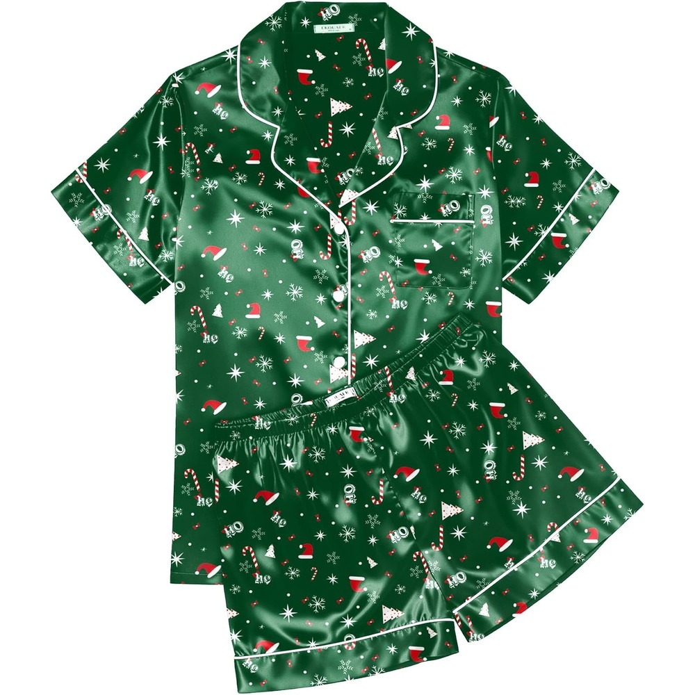 image:imageEkouaer Womens Silk Satin Pajama Sets Soft Short Sleeve Button Up SleepwearChristmas Green