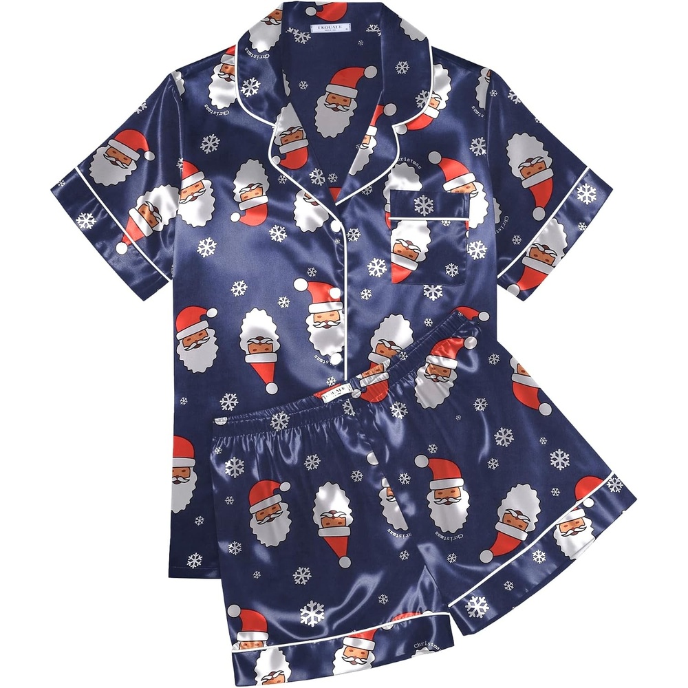 image:imageEkouaer Womens Silk Satin Pajama Sets Soft Short Sleeve Button Up SleepwearChristmas Navy