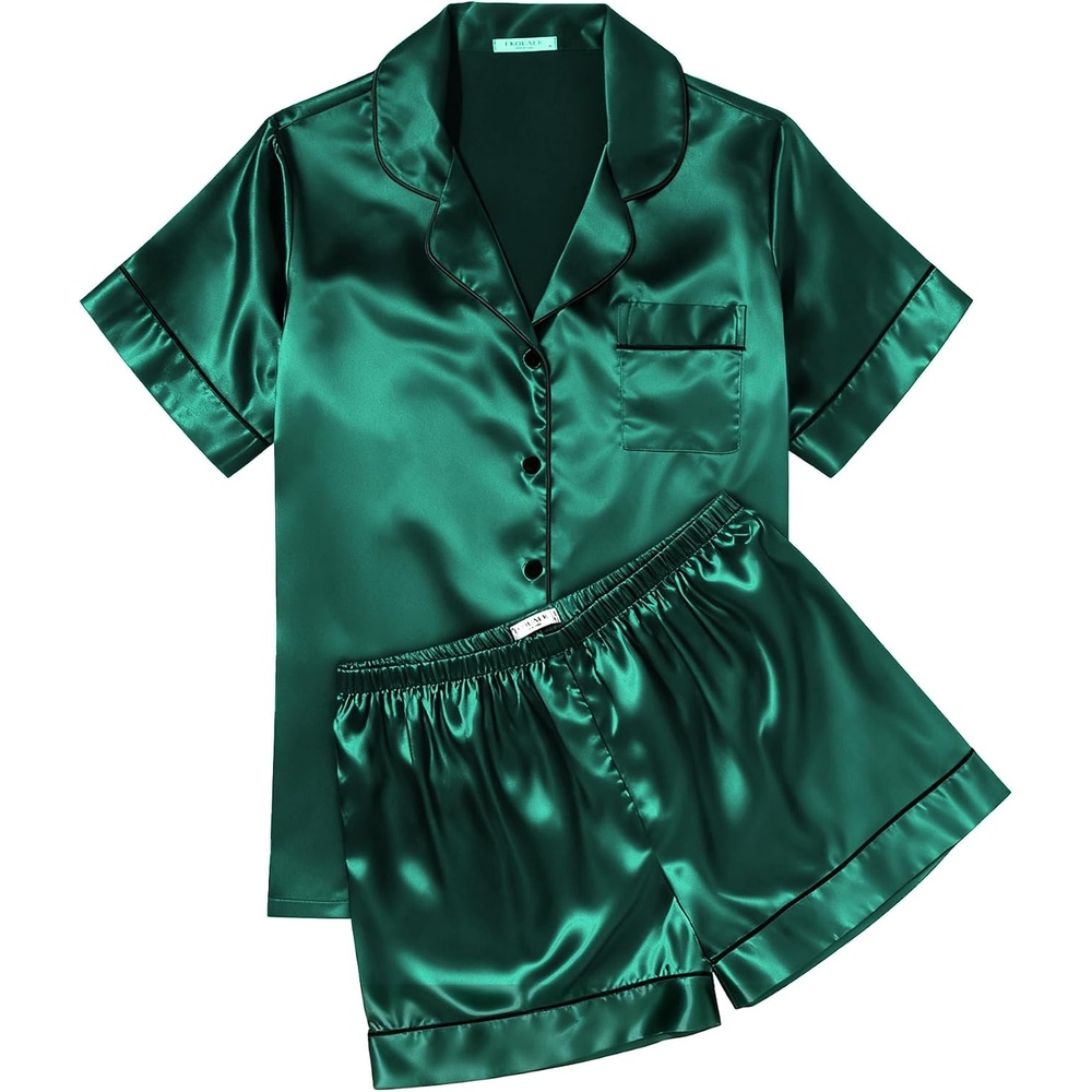 image:imageEkouaer Womens Silk Satin Pajama Sets Soft Short Sleeve Button Up SleepwearDark Green