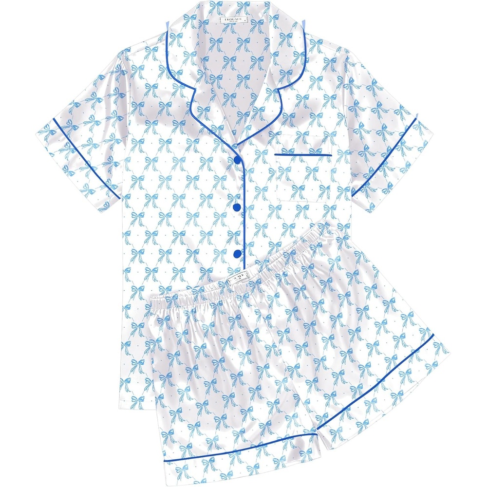 image:imageEkouaer Womens Silk Satin Pajama Sets Soft Short Sleeve Button Up SleepwearDbow Knot White Blue