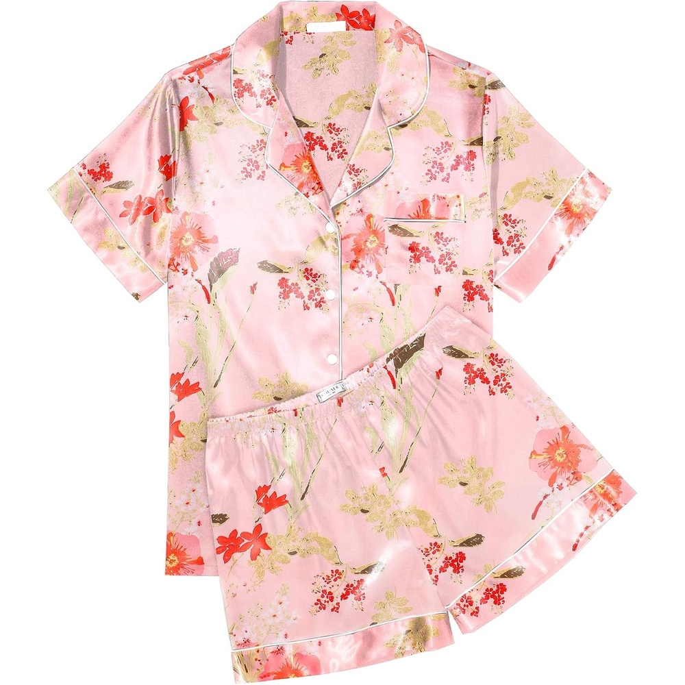 image:imageEkouaer Womens Silk Satin Pajama Sets Soft Short Sleeve Button Up SleepwearFloral Pink