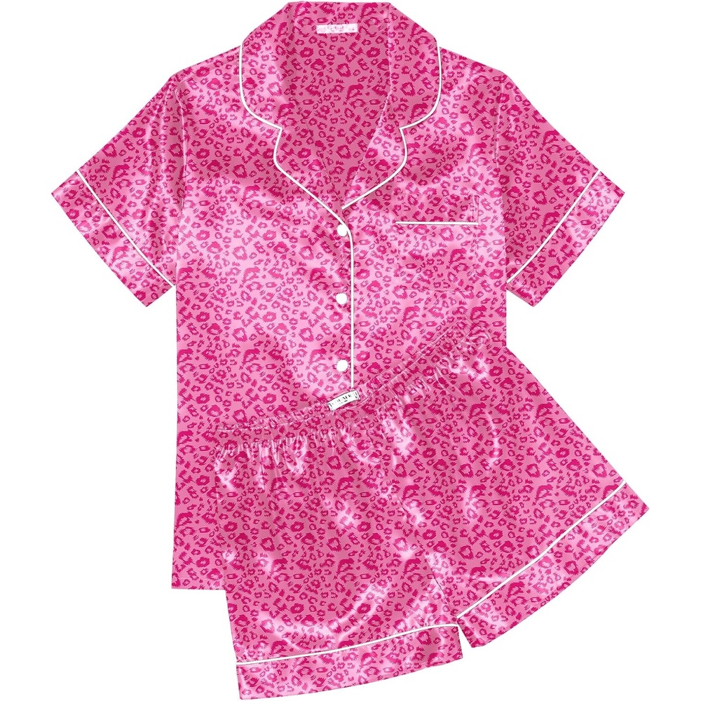 image:imageEkouaer Womens Silk Satin Pajama Sets Soft Short Sleeve Button Up SleepwearLeopard Hot Pink