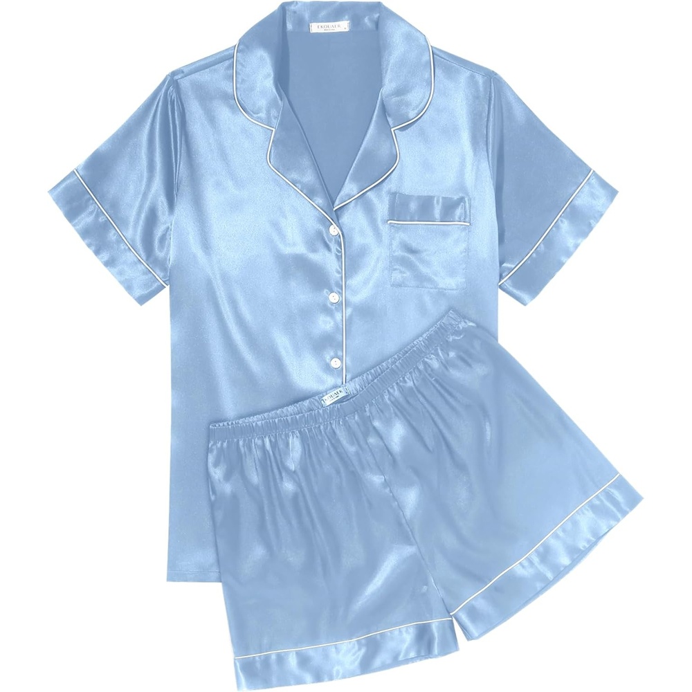 image:imageEkouaer Womens Silk Satin Pajama Sets Soft Short Sleeve Button Up SleepwearLight Blue
