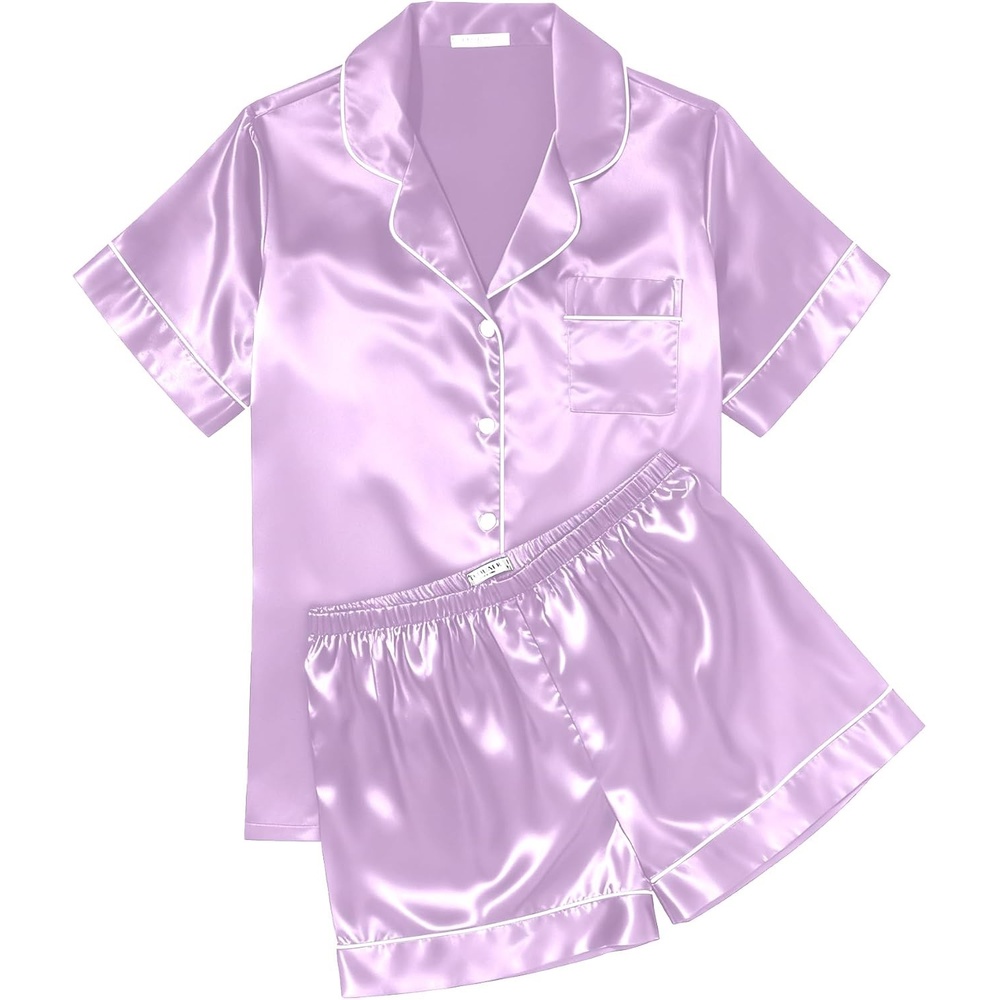 image:imageEkouaer Womens Silk Satin Pajama Sets Soft Short Sleeve Button Up SleepwearLilac