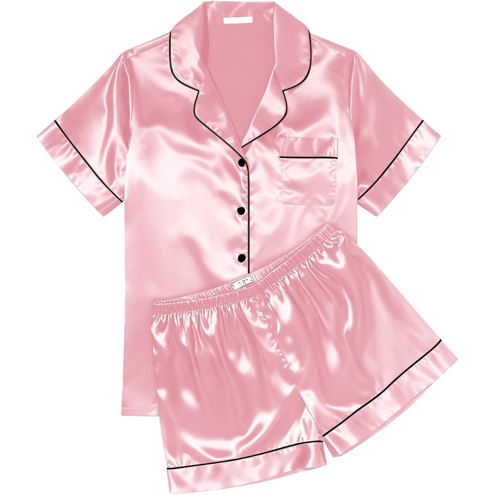 image:imageEkouaer Womens Silk Satin Pajama Sets Soft Short Sleeve Button Up SleepwearPink
