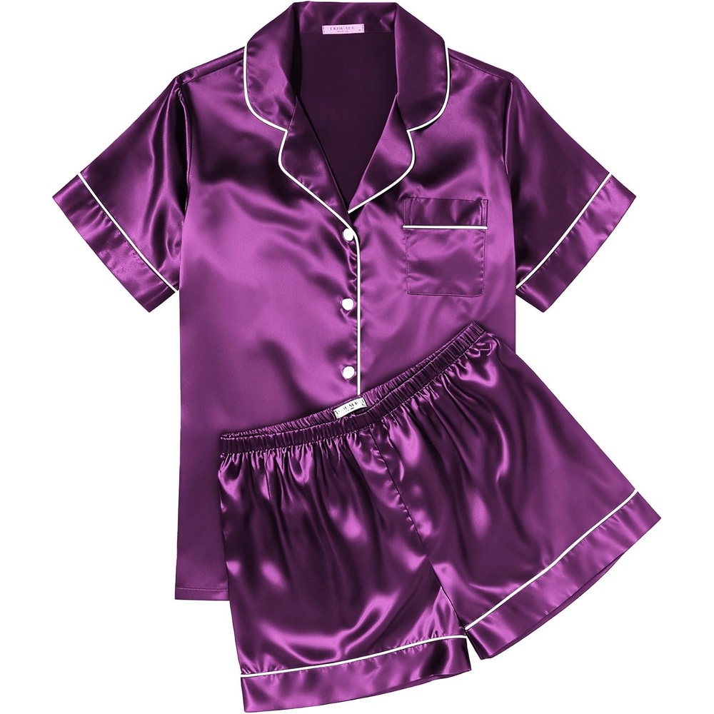 image:imageEkouaer Womens Silk Satin Pajama Sets Soft Short Sleeve Button Up SleepwearPurple