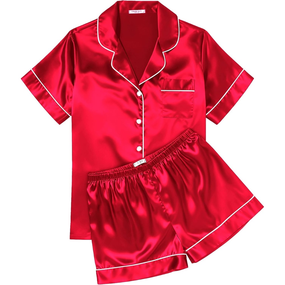 image:imageEkouaer Womens Silk Satin Pajama Sets Soft Short Sleeve Button Up SleepwearRed