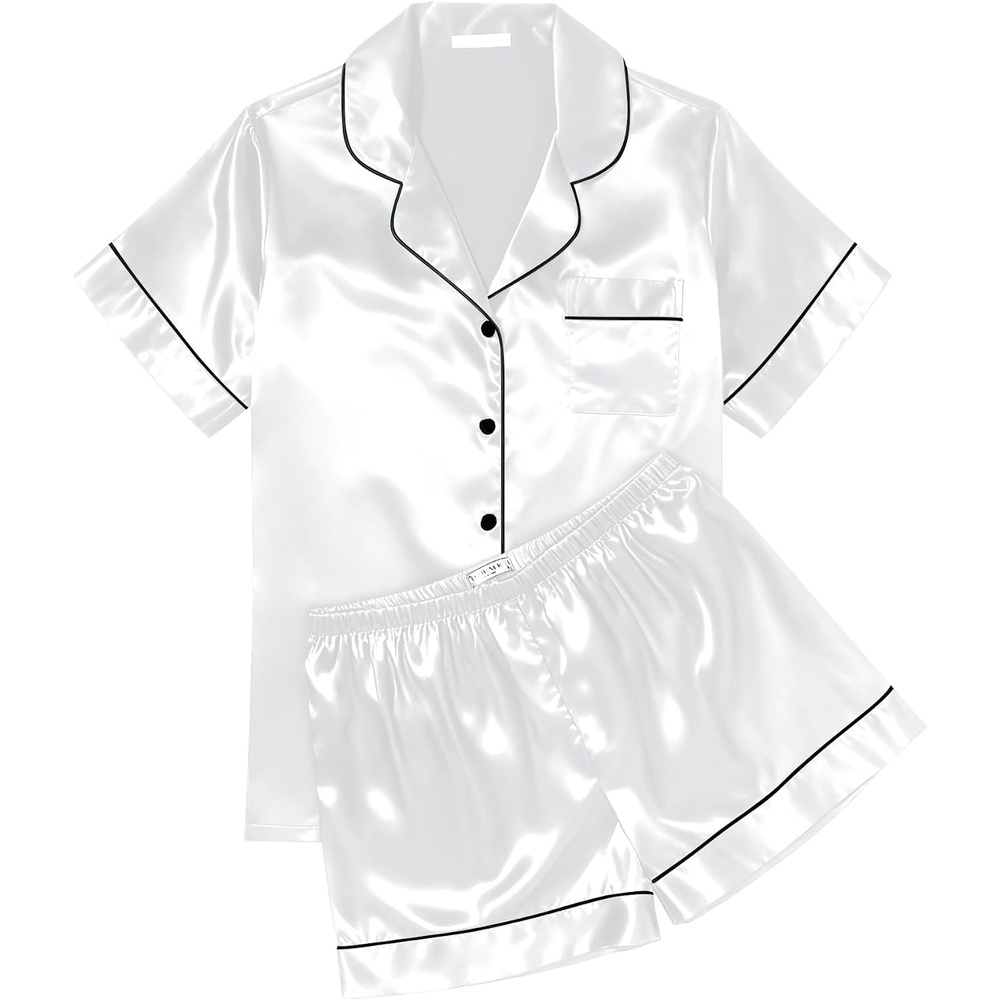 image:imageEkouaer Womens Silk Satin Pajama Sets Soft Short Sleeve Button Up SleepwearWhite