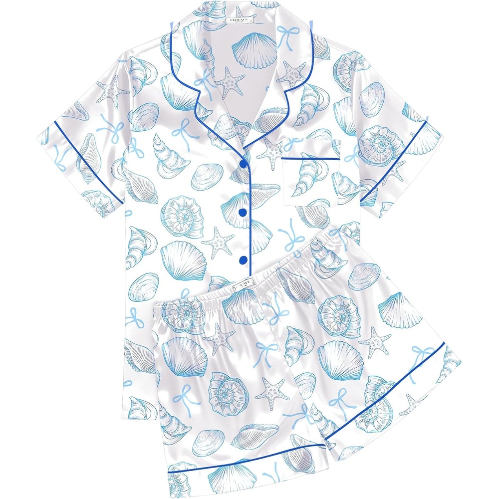 image:imageEkouaer Womens Silk Satin Pajama Sets Soft Short Sleeve Button Up SleepwearWhite Blue Seashells