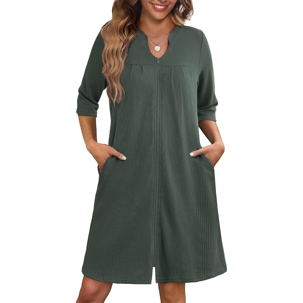 image:imageEkouaer Zipper Robes for Women 34 Sleeve Waffle Knit Bathrobe Lightweight Short Housecoat with Pockets Soft LoungewearDark Green