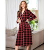 Ekouaer Women Kimono Robes Full Length Knit Bathrobe Lightweight Sleepwear(Black and Red Plaid)