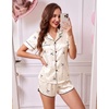 Ekouaer Womens Satin Pajama Set Silk Pj Short Sets 2 Piece Loungewear S-5XL(Beige With Black Bow)