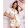 Ekouaer Womens Satin Pajama Set Silk Pj Short Sets 2 Piece Loungewear S-5XL(Beige With Black Bow)
