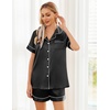Ekouaer Womens Silk Satin Pajama Sets Soft Short Sleeve Button Up Sleepwear(Black)