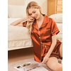 Ekouaer Womens Silk Satin Pajama Sets Soft Short Sleeve Button Up Sleepwear(Caramel)