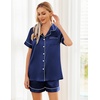 Ekouaer Womens Silk Satin Pajama Sets Soft Short Sleeve Button Up Sleepwear(Navy)