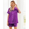 Ekouaer Womens Silk Satin Pajama Sets Soft Short Sleeve Button Up Sleepwear(Purple)