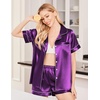 Ekouaer Womens Silk Satin Pajama Sets Soft Short Sleeve Button Up Sleepwear(Purple)