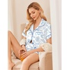 Ekouaer Womens Silk Satin Pajama Sets Soft Short Sleeve Button Up Sleepwear(White Blue Seashells)