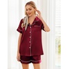 Ekouaer Womens Silk Satin Pajama Sets Soft Short Sleeve Button Up Sleepwear(Wine Red)