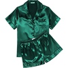 Ekouaer Womens Silk Satin Pajama Sets Soft Short Sleeve Button Up Sleepwear(Dark Green)