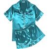 Ekouaer Womens Silk Satin Pajama Sets Soft Short Sleeve Button Up Sleepwear(Peacock Blue)
