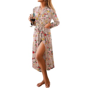 Ekouaer Women Kimono Robes Full Length Knit Bathrobe Lightweight Sleepwear(Floral Beige)