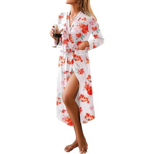 Ekouaer Women Kimono Robes Full Length Knit Bathrobe Lightweight Sleepwear(Floral White)