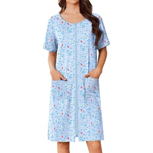 Ekouaer Women Zip Up Robe Bathrobe Lightweight House Coats with Pockets(Blue Grid Floral)
