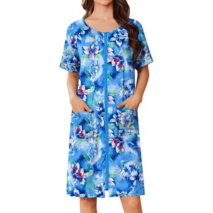 Ekouaer Women Zip Up Robe Bathrobe Lightweight House Coats with Pockets(Dark Blue Floral)