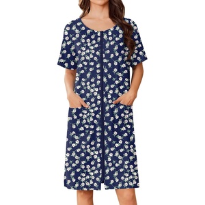 Ekouaer Women Zip Up Robe Bathrobe Lightweight House Coats with Pockets(Navy Floral)