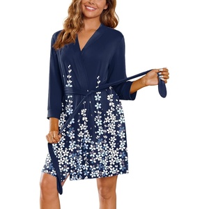 Ekouaer Women’s Robe Soft Lightweight 3/4 Sleeve Knit Bathrobe with Pockets(Blue White Floral)