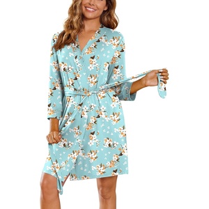 Ekouaer Women’s Robe Soft Lightweight 3/4 Sleeve Knit Bathrobe with Pockets(Green Flowers)