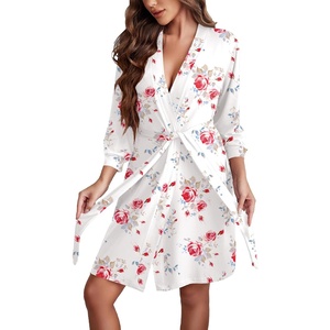 Ekouaer Women’s Robe Soft Lightweight 3/4 Sleeve Knit Bathrobe with Pockets(White Flower)