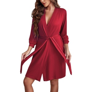 Ekouaer Women’s Robe Soft Lightweight 3/4 Sleeve Knit Bathrobe with Pockets(Wine Red)