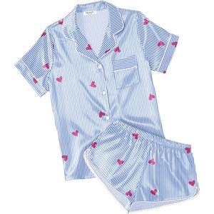 Ekouaer Womens Satin Pajama Set Silk Pj Short Sets 2 Piece Loungewear S-5XL(Blue Heart Stripe)