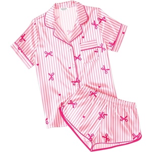 Ekouaer Womens Satin Pajama Set Silk Pj Short Sets 2 Piece Loungewear S-5XL(Pink Bow Stripe)