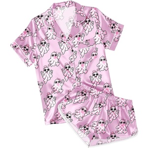 Ekouaer Womens Satin Pajama Set Silk Pj Short Sets 2 Piece Loungewear S-5XL(Pink Halloween Ghost)