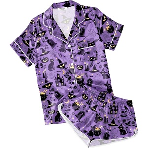 Ekouaer Womens Satin Pajama Set Silk Pj Short Sets 2 Piece Loungewear S-5XL(Purple Halloween Print)