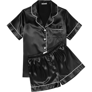 Ekouaer Womens Silk Satin Pajama Sets Soft Short Sleeve Button Up Sleepwear(Black)