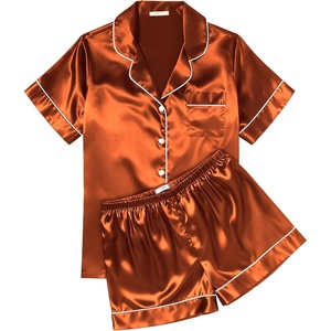 Ekouaer Womens Silk Satin Pajama Sets Soft Short Sleeve Button Up Sleepwear(Caramel)