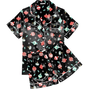 Ekouaer Womens Silk Satin Pajama Sets Soft Short Sleeve Button Up Sleepwear(Christmas Black)