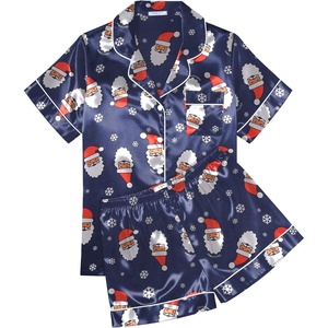 Ekouaer Womens Silk Satin Pajama Sets Soft Short Sleeve Button Up Sleepwear(Christmas Navy)