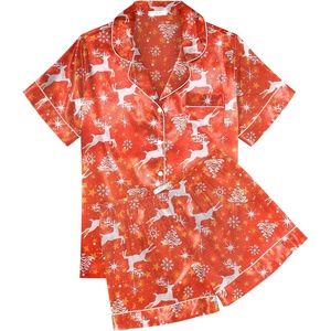 Ekouaer Womens Silk Satin Pajama Sets Soft Short Sleeve Button Up Sleepwear(Christmas Red Deer)