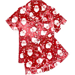 Ekouaer Womens Silk Satin Pajama Sets Soft Short Sleeve Button Up Sleepwear(Christmas Red Santa)