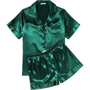 Ekouaer Womens Silk Satin Pajama Sets Soft Short Sleeve Button Up Sleepwear(Dark Green)